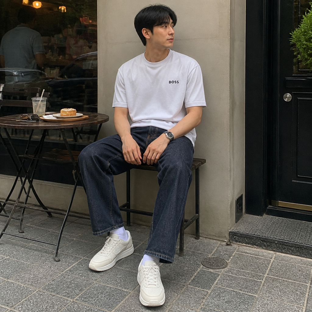 Boss 보스 그린 화이트 액티브 코튼 티셔츠