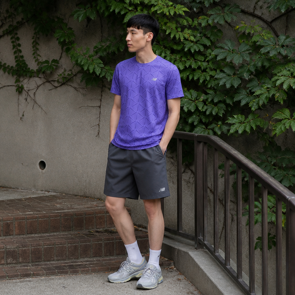 New Balance 일렉트릭 퍼플 텍스처드 퍼포먼스 반팔 탑