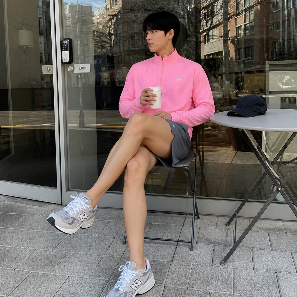 New Balance 네온 핑크 스페이스 다이 하프집 트레이닝 탑