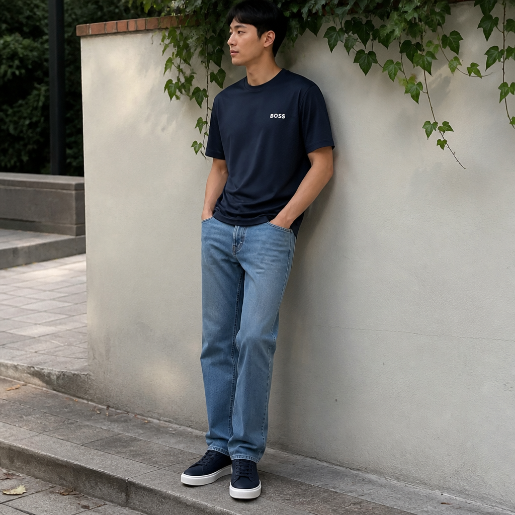 Boss 보스 그린 네이비 액티브 코튼 티셔츠