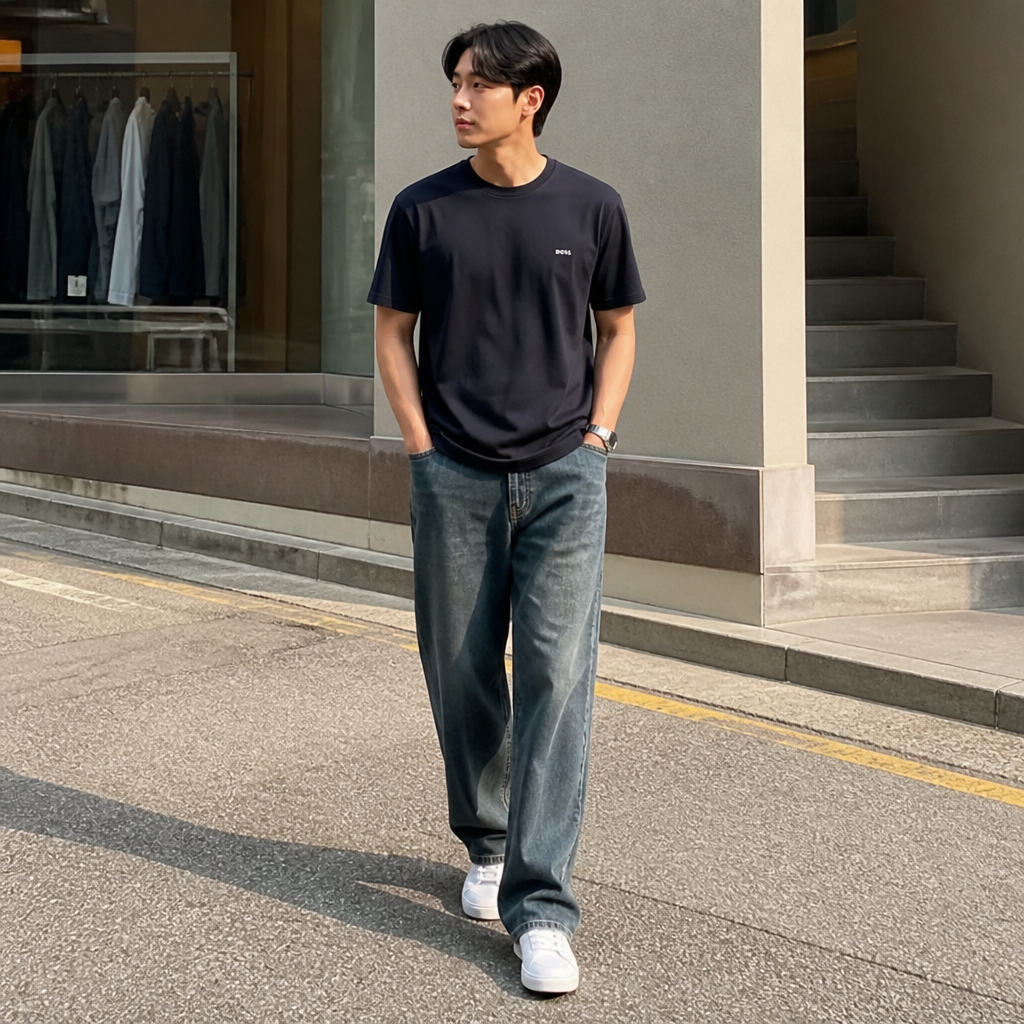 Boss 보스 네이비 로고 스트레치 티셔츠